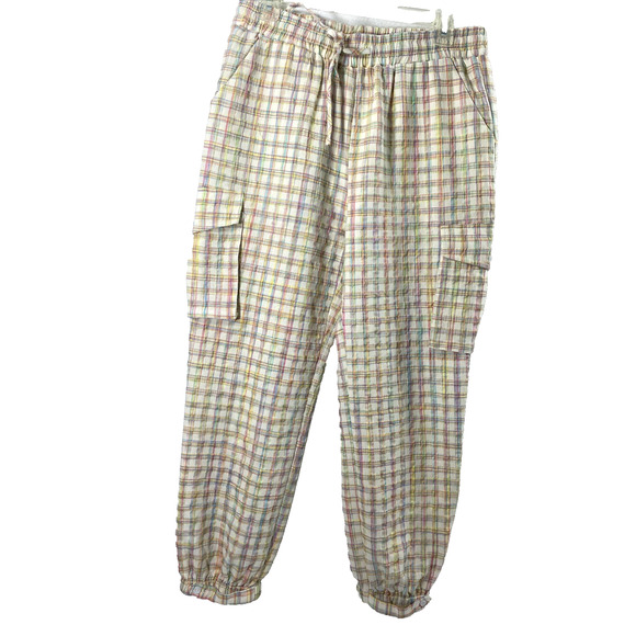 Lili Sidonio Pants Womens Large Neon Plaid Seersucker Elastic Cuff Cargo Pockets - Picture 1 of 14